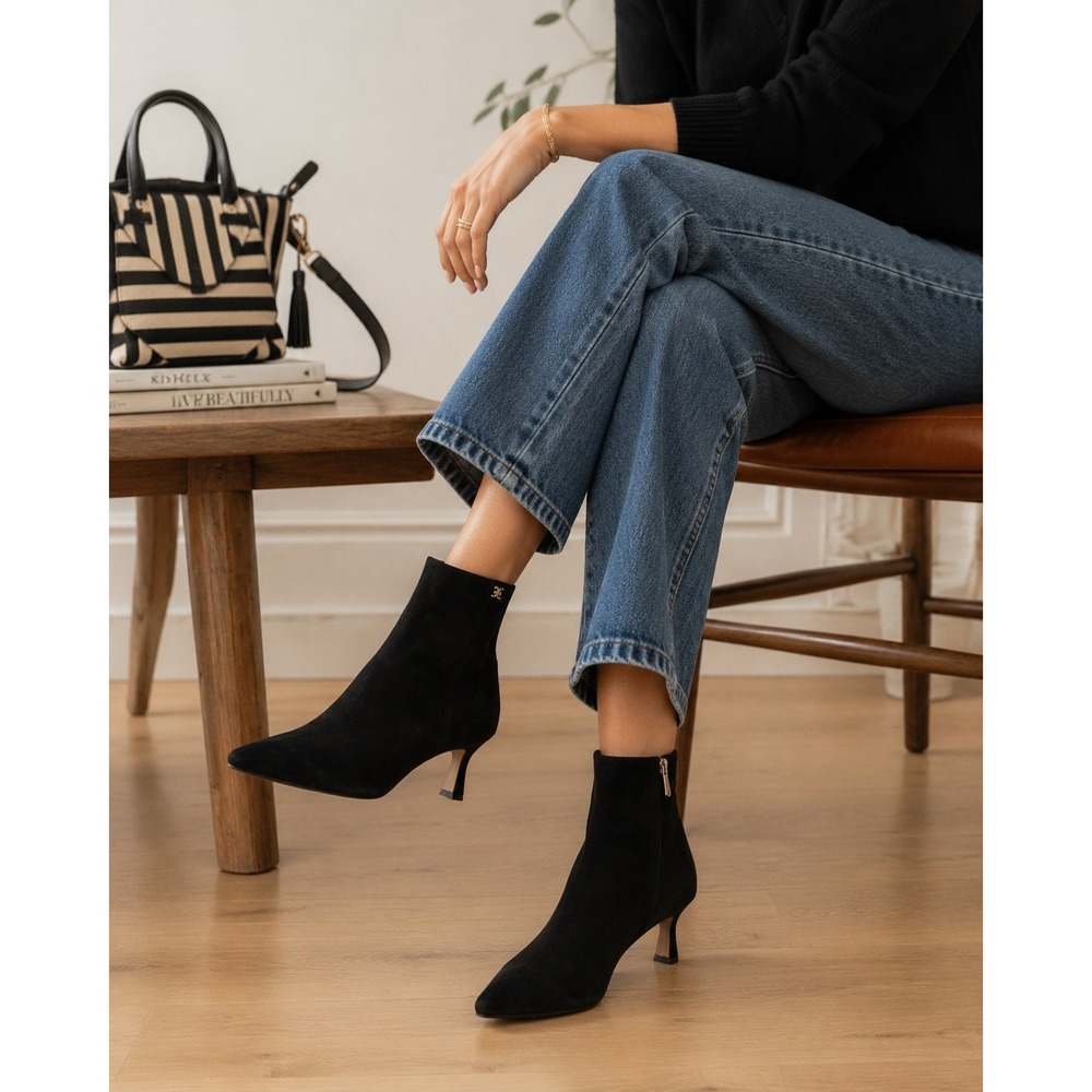 Sam Edelman Samantha Black Suede Kitten Heel Ankle Boots Womens 9M Pointed Toe